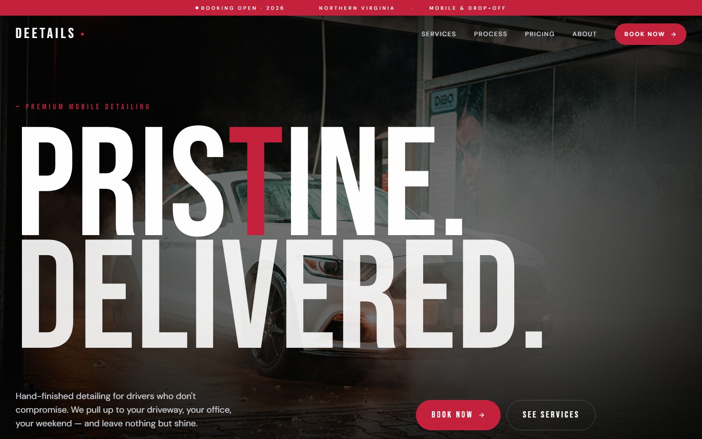 Deetails mobile car detailing website — homepage showing booking call-to-action and service details